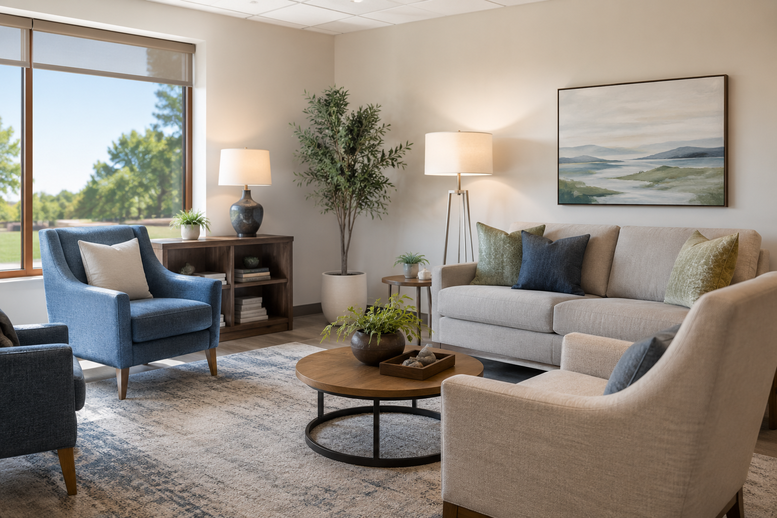 A calm therapy office arranged for supportive conversation